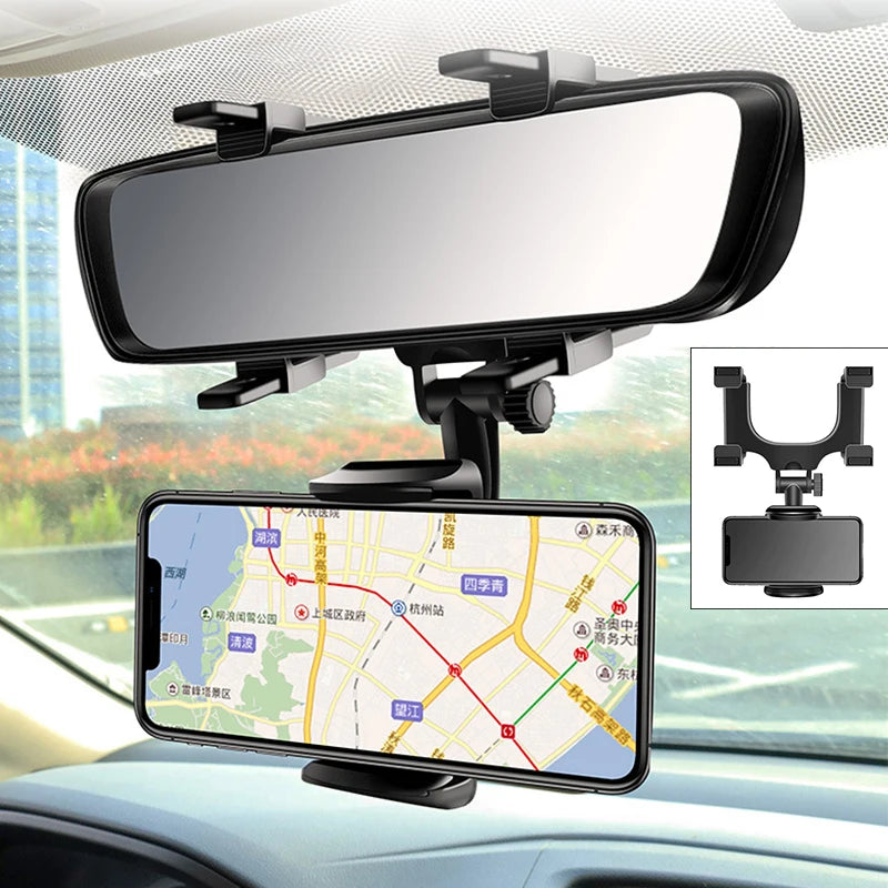 360° Adjustable Car Mirror Smartphone Holder for iPhone 13 and GPS Devices